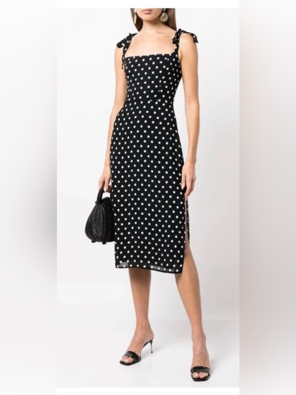 Reformation Besse‎ Size 10 Midi Dress Black White Polka Dots Lined 100% Viscose